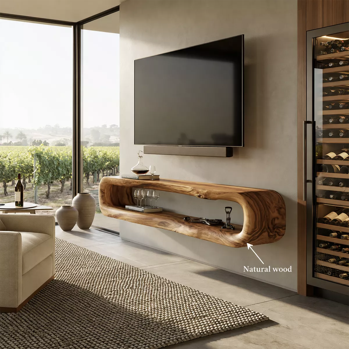 TV Stand with Sculptural Open Nook for Modern Living Room Interiors - Rustiracraft