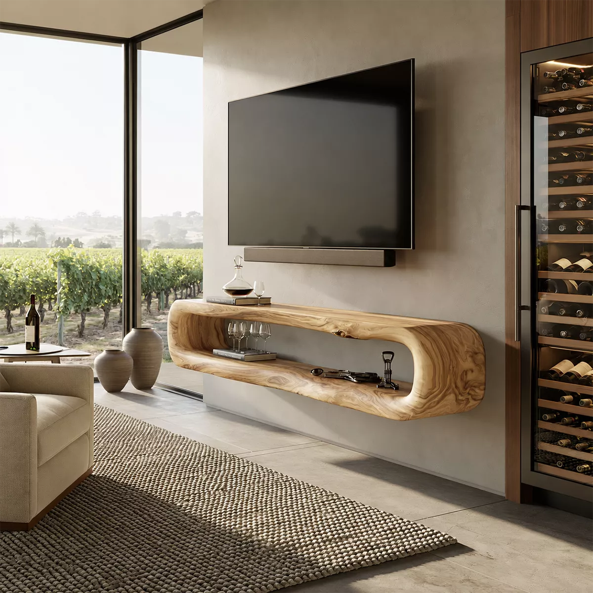 TV Stand with Sculptural Open Nook for Modern Living Room Interiors - Rustiracraft