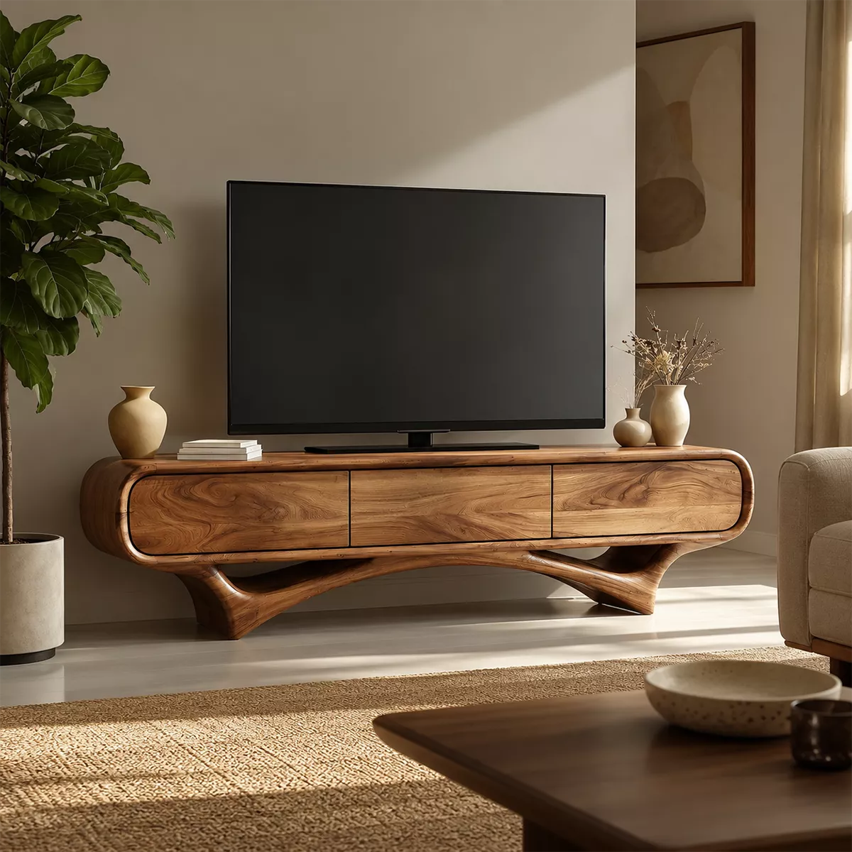 TV Stand with Three Sculptural Curved Drawers in Natural Solid Wood - Rustiracraft