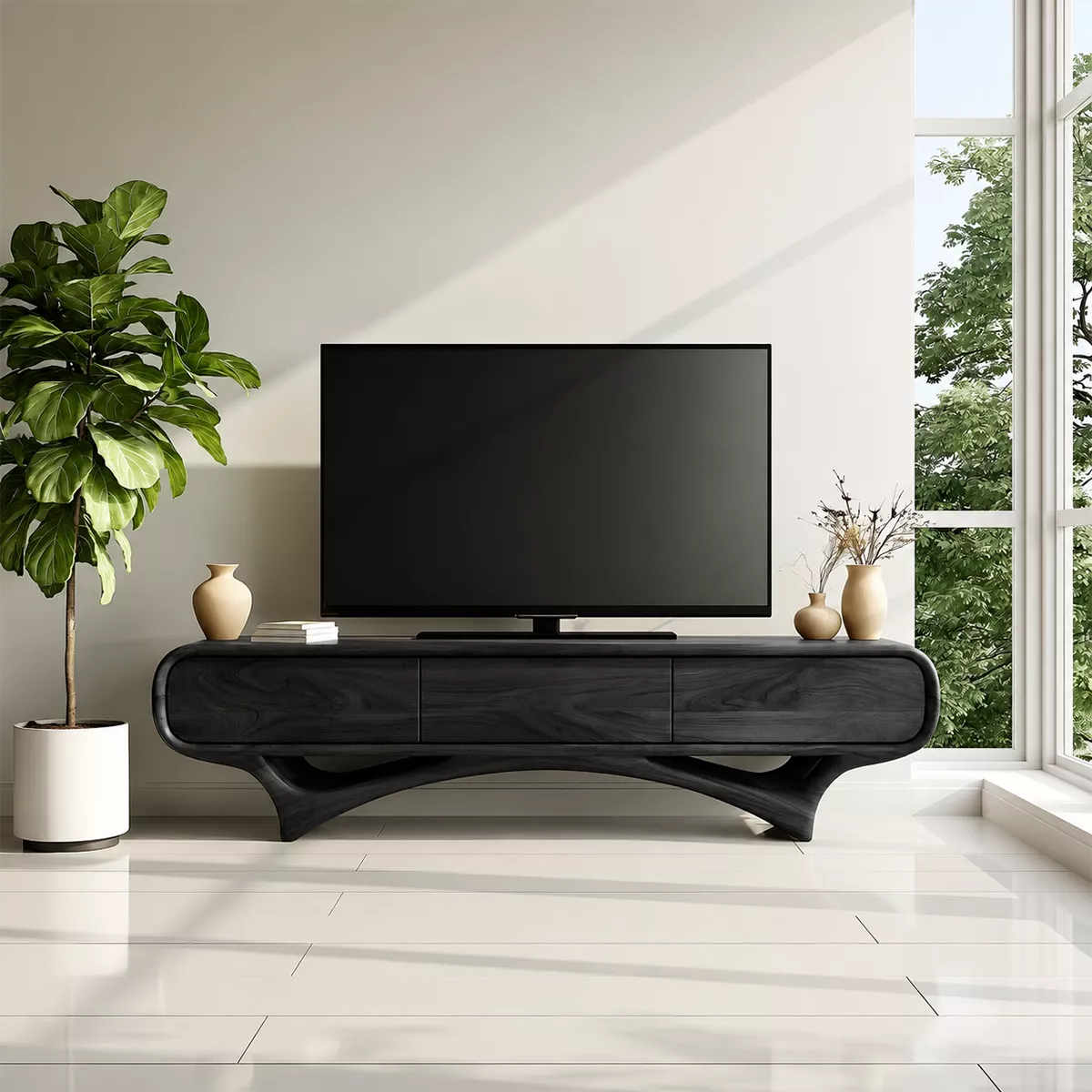TV Stand with Three Sculptural Curved Drawers in Natural Solid Wood - Rustiracraft