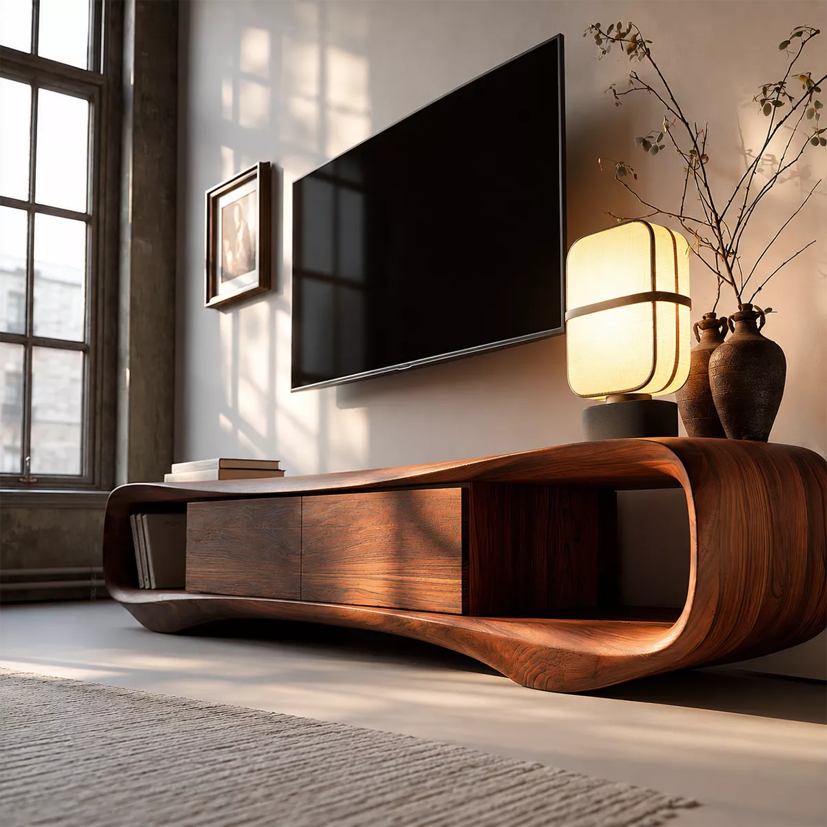 TV Stand with Two Drawers and Open Nook in Sculptural Curved Form - Rustiracraft