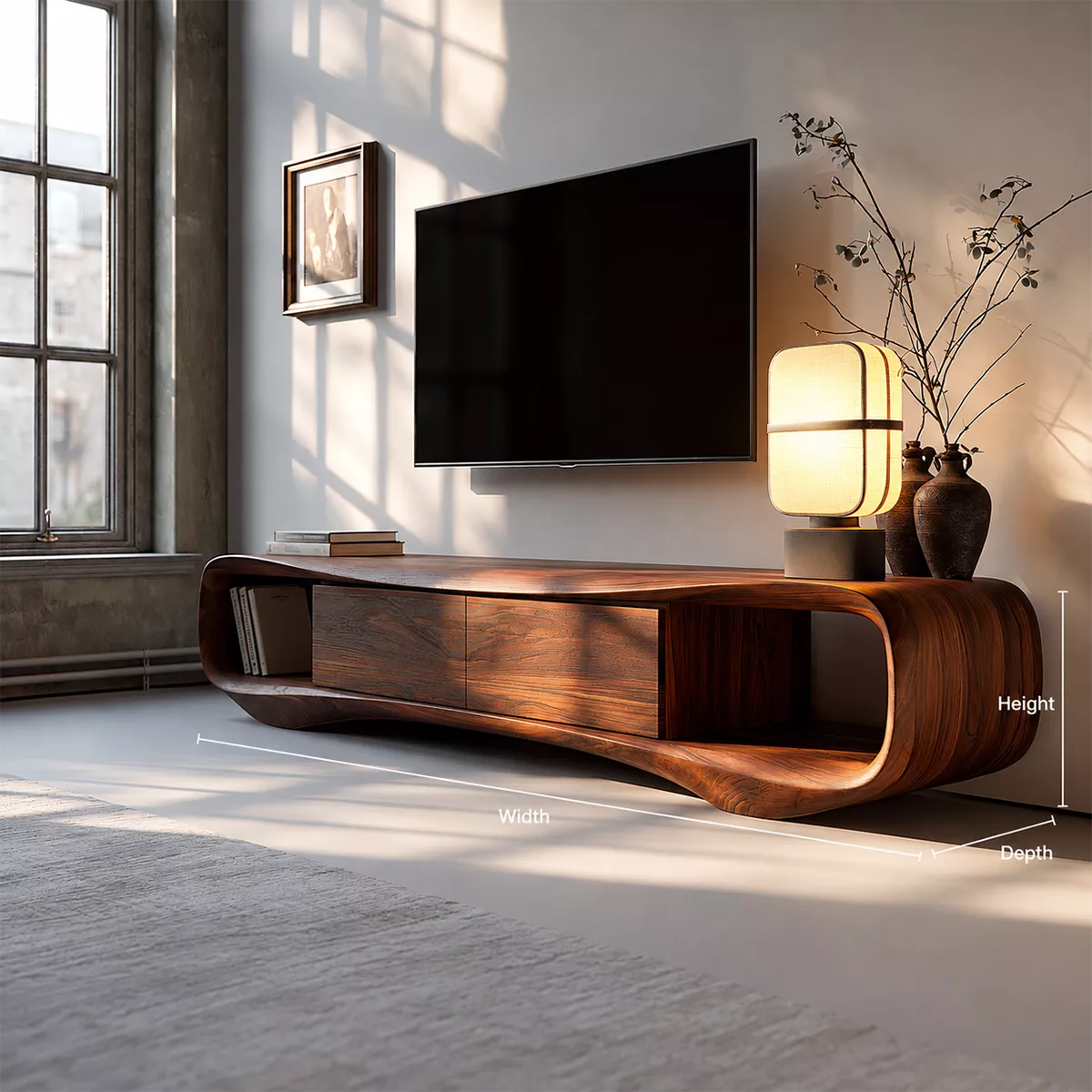 TV Stand with Two Drawers and Open Nook in Sculptural Curved Form - Rustiracraft