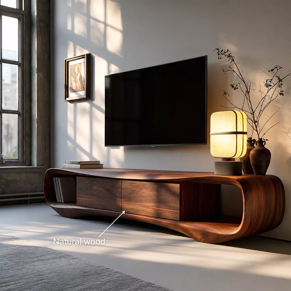 TV Stand with Two Drawers and Open Nook in Sculptural Curved Form - Rustiracraft