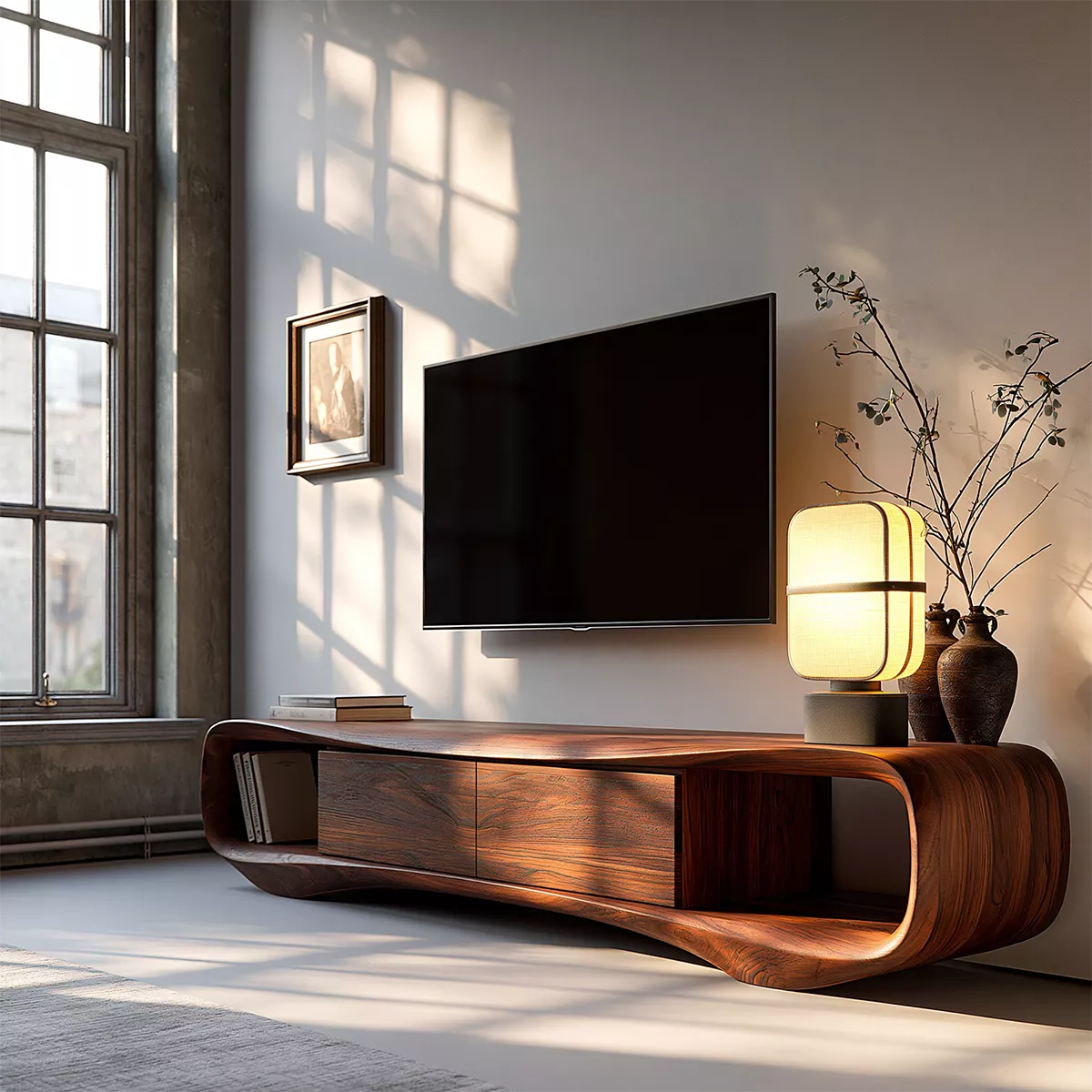 TV Stand with Two Drawers and Open Nook in Sculptural Curved Form - Rustiracraft