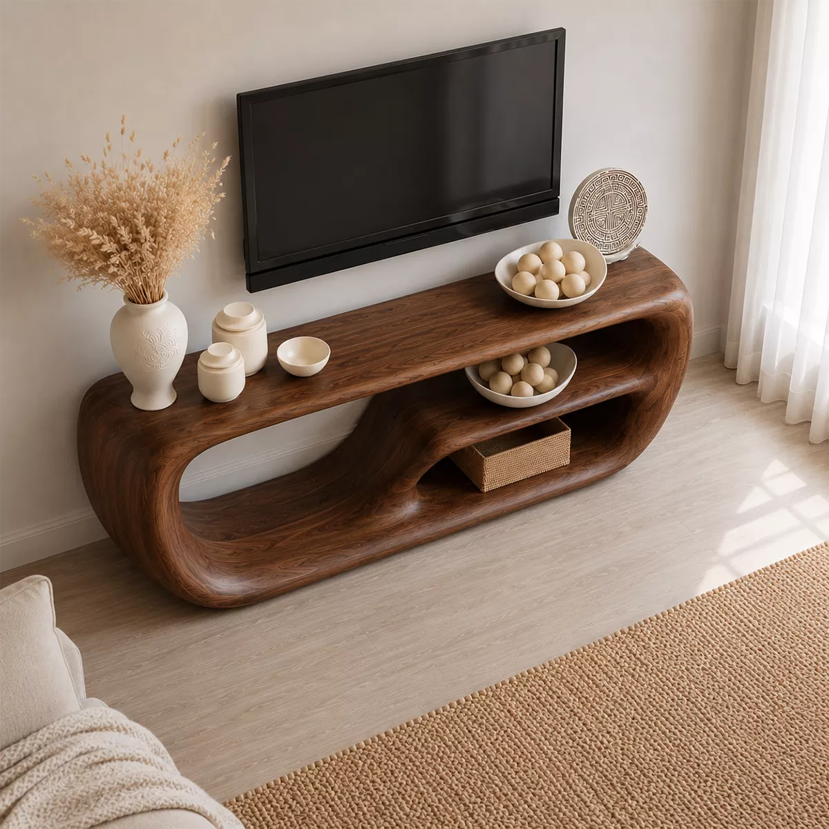 TV Stand with Two Open Nook Compartments and Solid Wood Top Bases - Rustiracraft