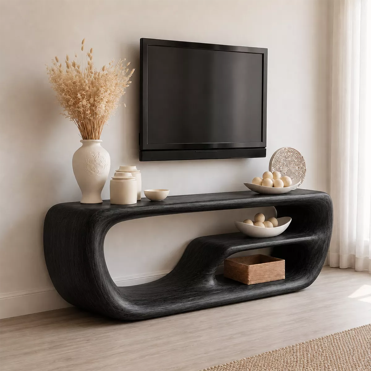 TV Stand with Two Open Nook Compartments and Solid Wood Top Bases - Rustiracraft