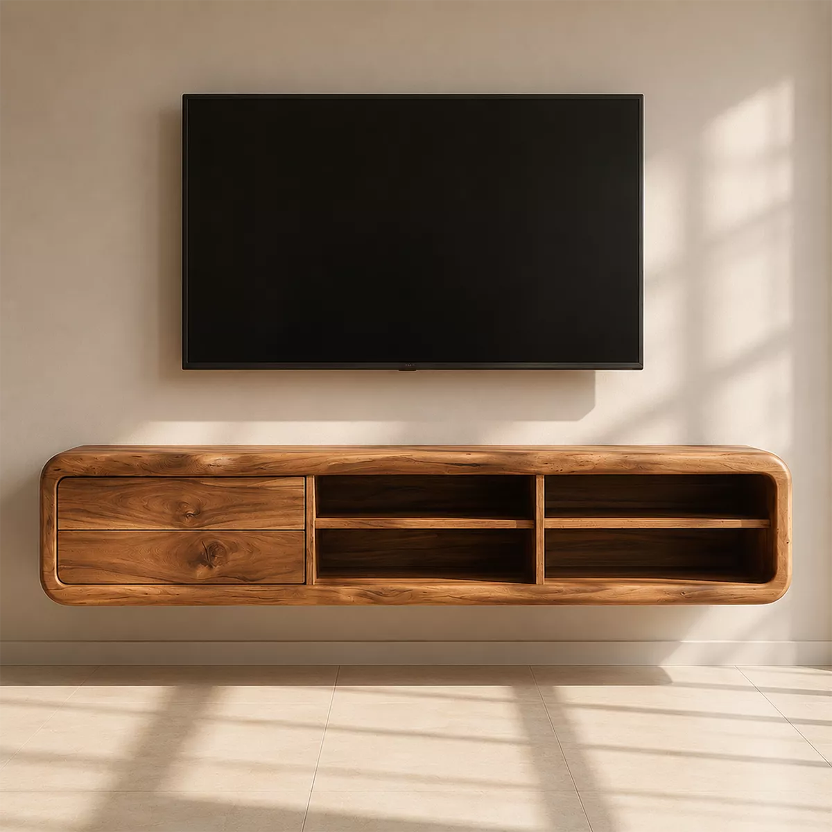 TV Stand with Two Rounded Drawers and Open Display Shelving Nooks - Rustiracraft