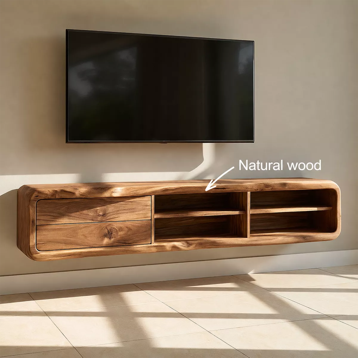 TV Stand with Two Rounded Drawers and Open Display Shelving Nooks - Rustiracraft