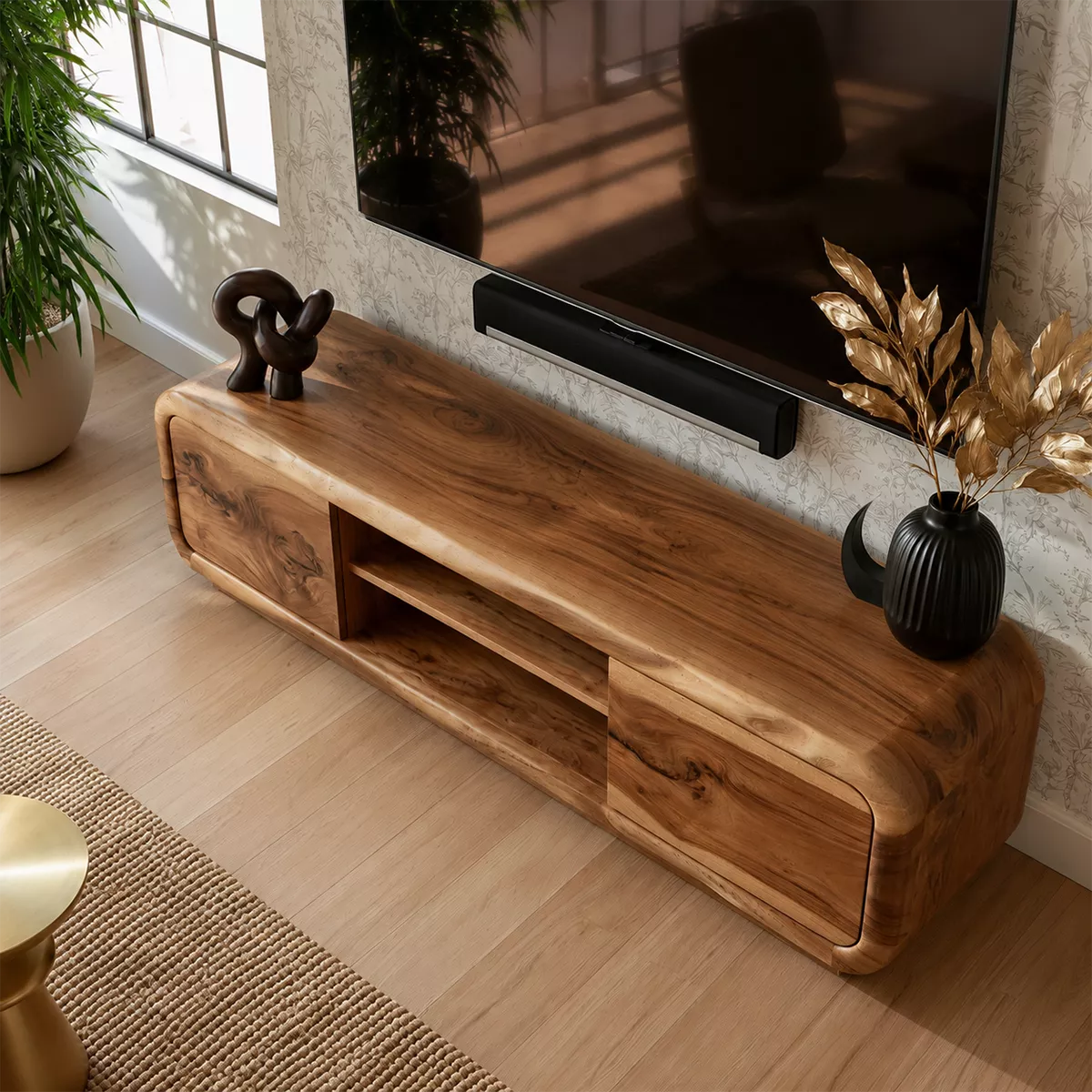 TV Stand with Two Rounded Media Cabinet Doors in Natural Solid Wood - Rustiracraft