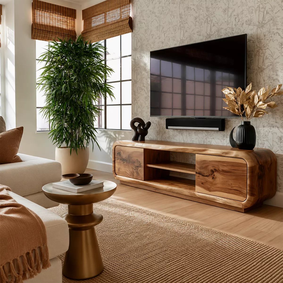 TV Stand with Two Rounded Media Cabinet Doors in Natural Solid Wood - Rustiracraft