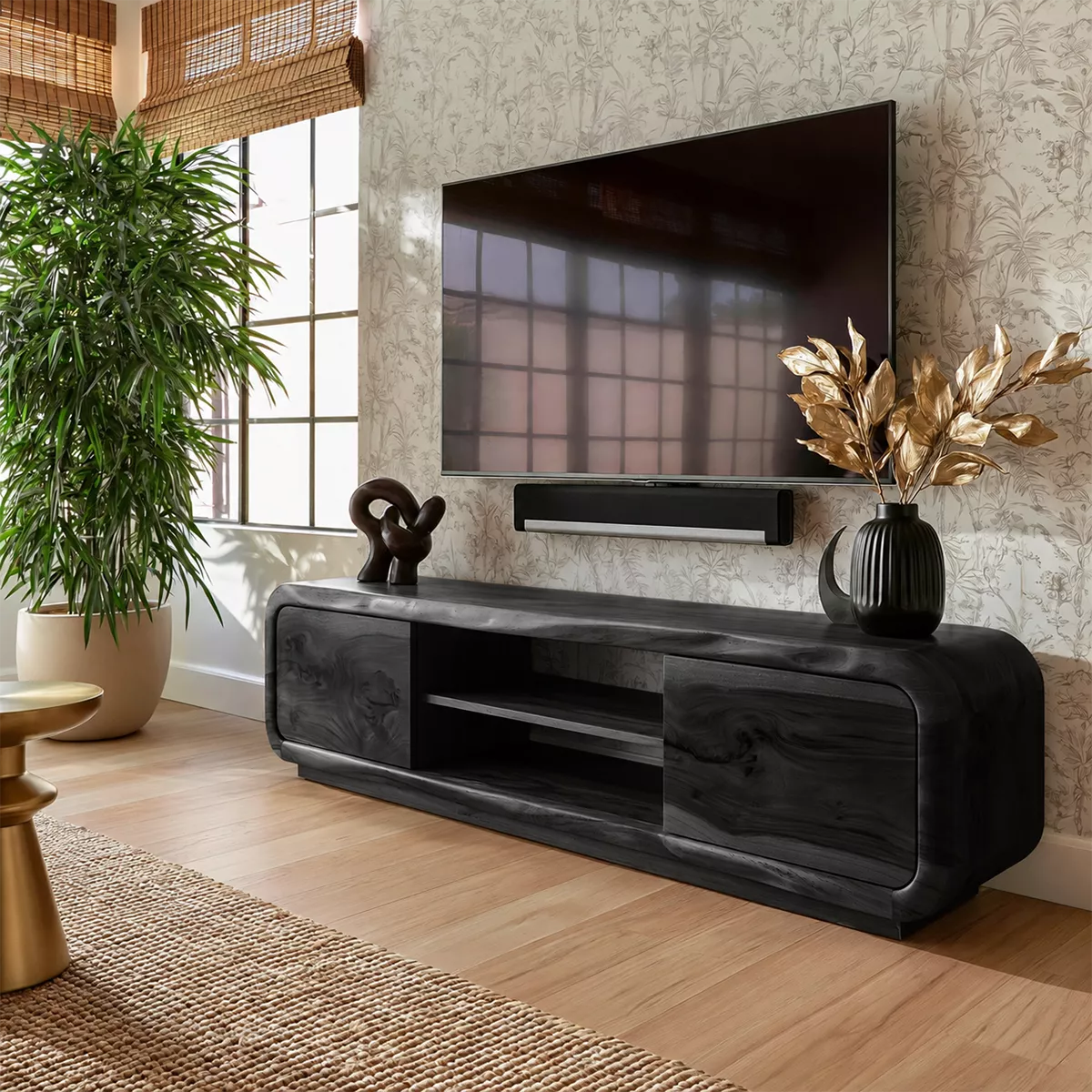 TV Stand with Two Rounded Media Cabinet Doors in Natural Solid Wood - Rustiracraft