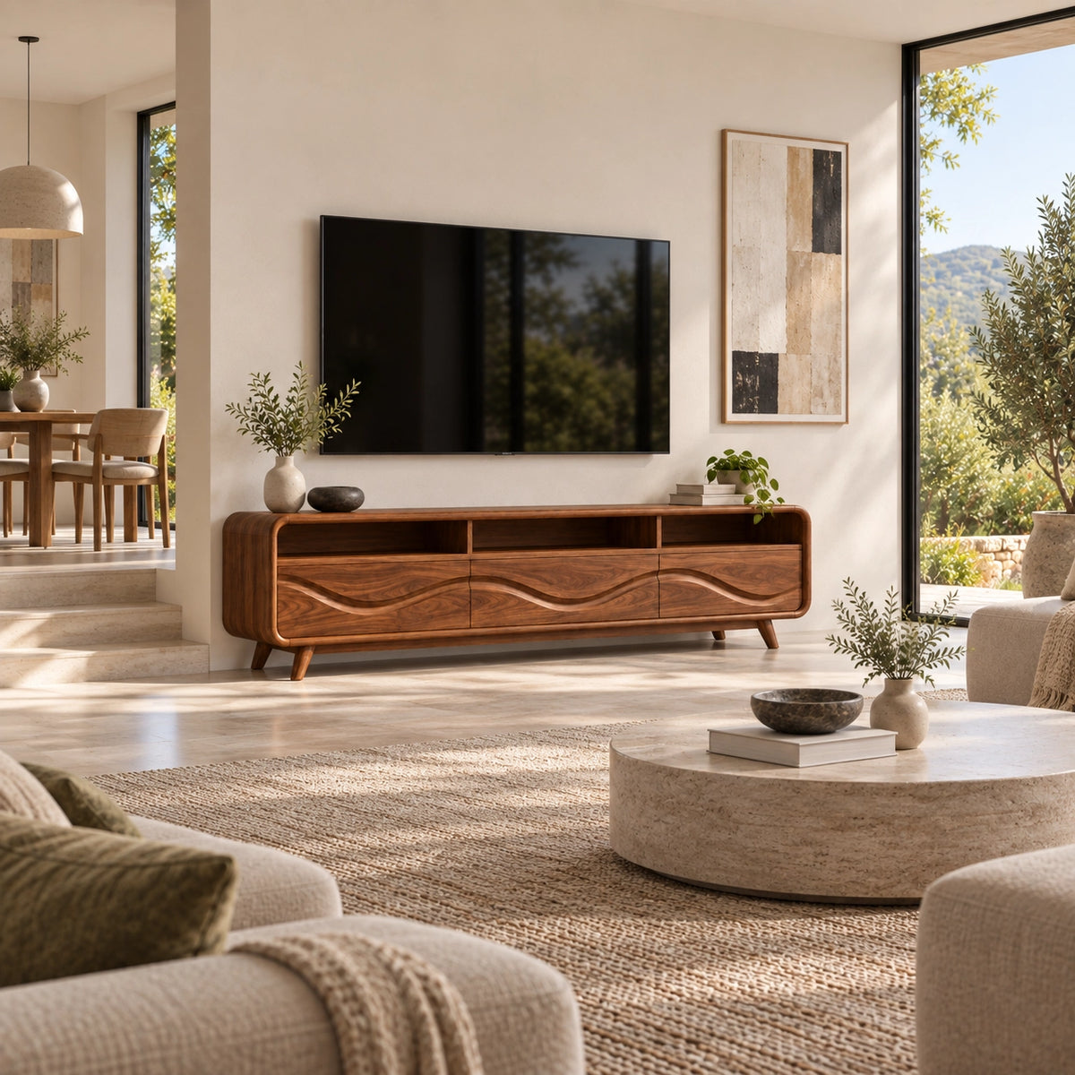 TV Stand with Wave-Carved Storage Drawers in Natural Solid Wood for Living - Rustiracraft