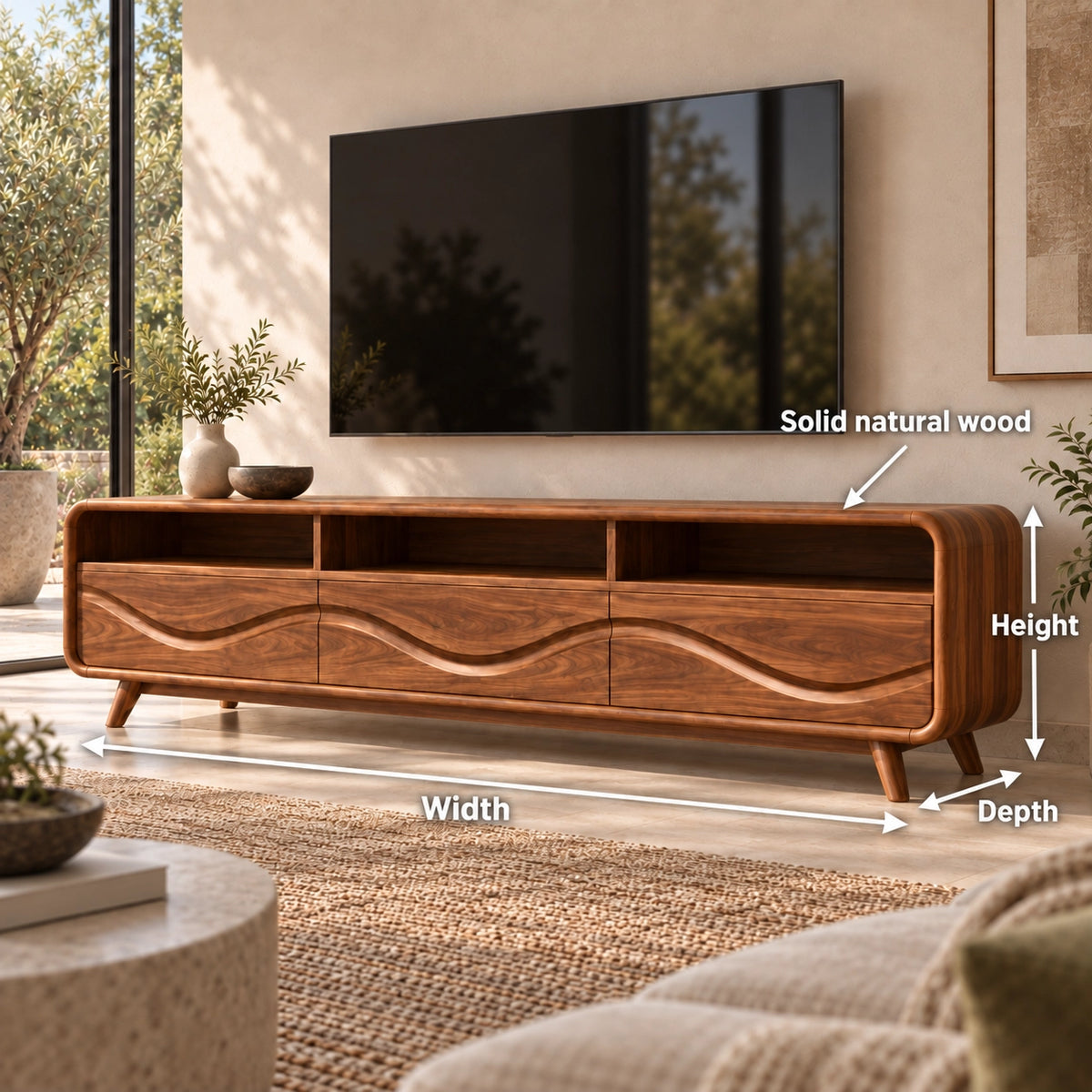 TV Stand with Wave-Carved Storage Drawers in Natural Solid Wood for Living - Rustiracraft