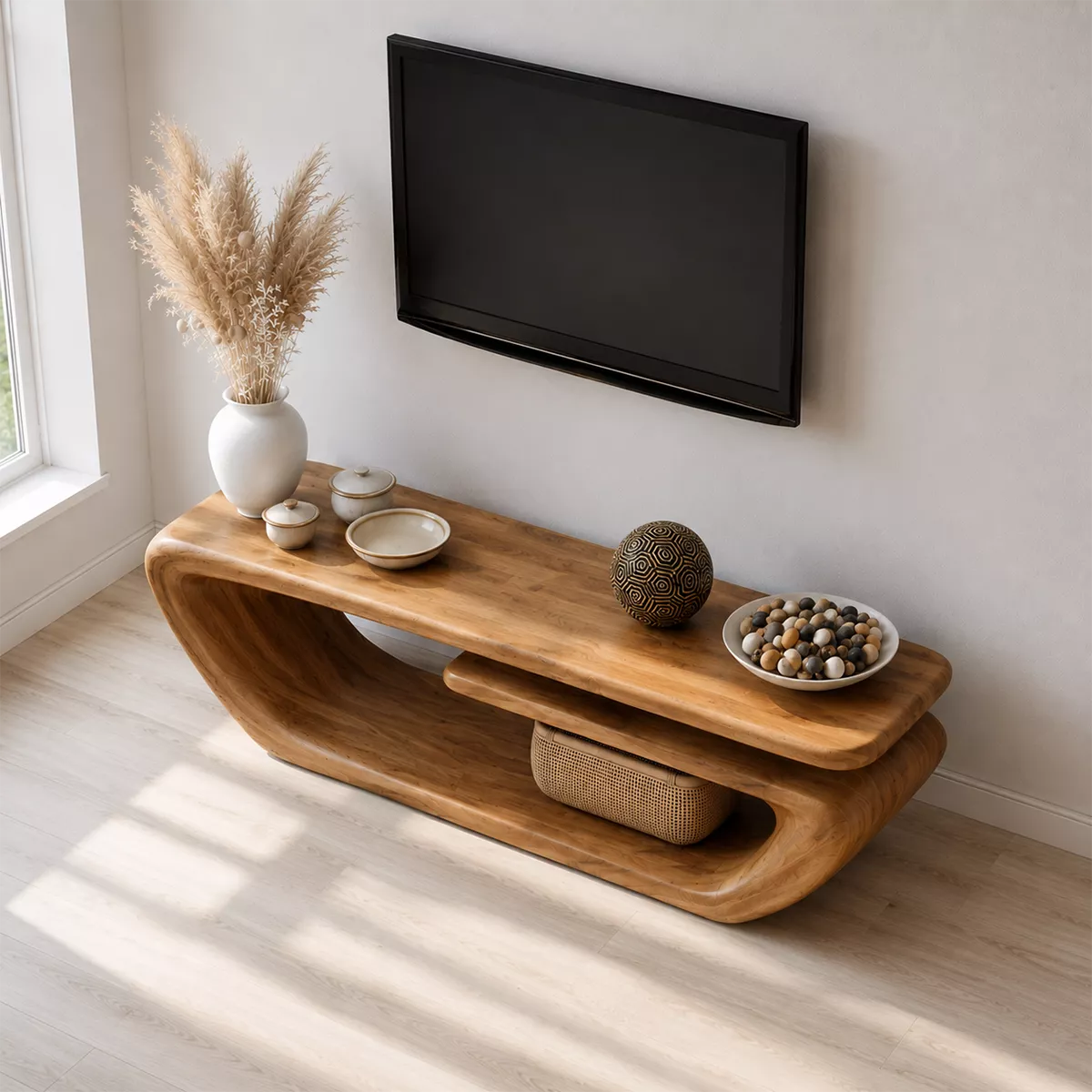 TV Stand with a Continuous Sculptural Curved Form in Natural Solid Wood - Rustiracraft
