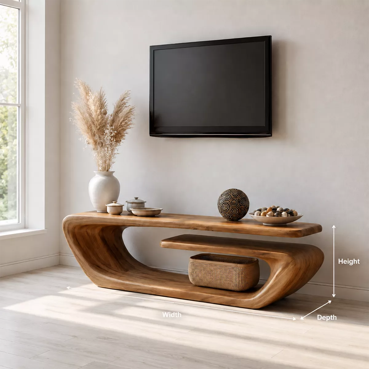 TV Stand with a Continuous Sculptural Curved Form in Natural Solid Wood - Rustiracraft