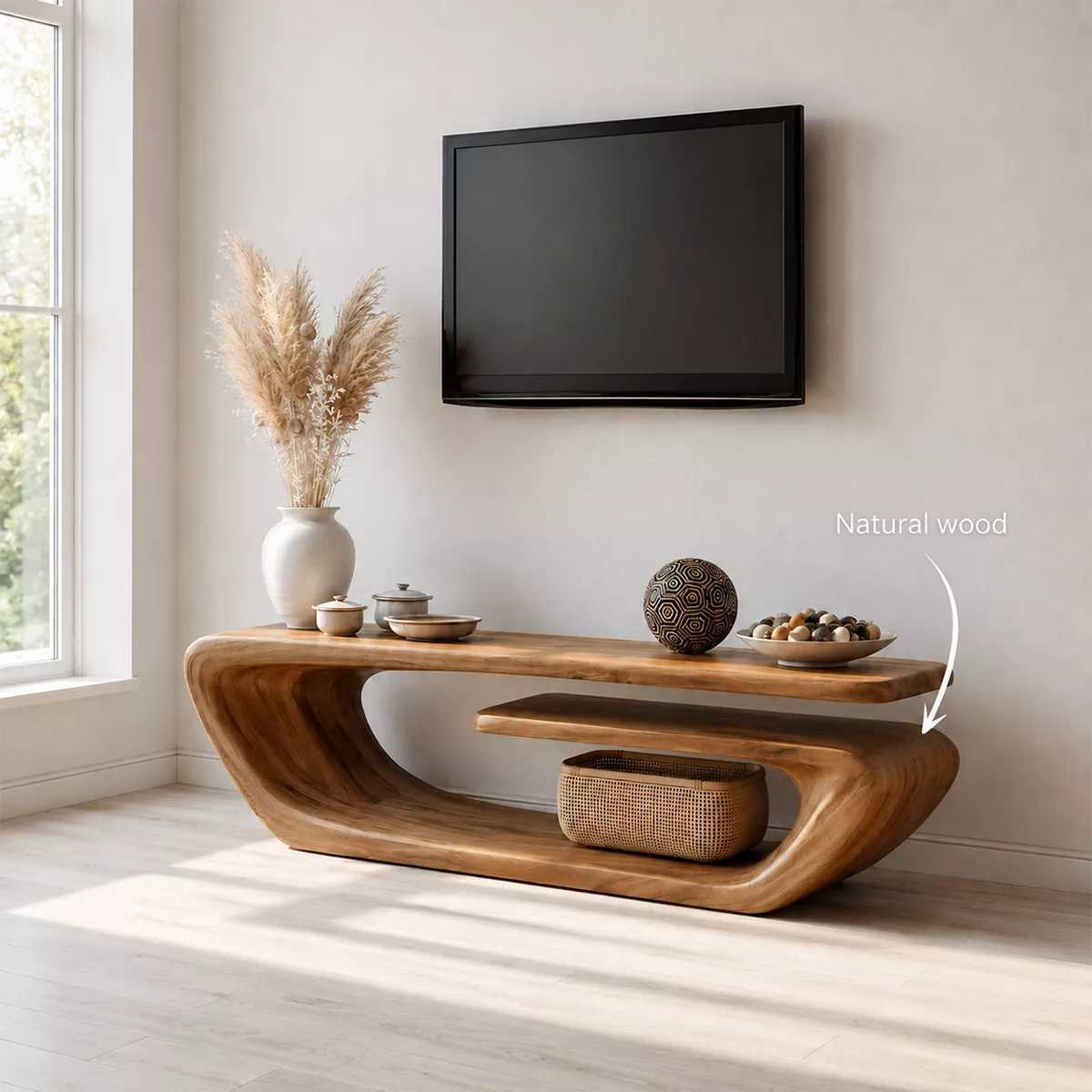 TV Stand with a Continuous Sculptural Curved Form in Natural Solid Wood - Rustiracraft