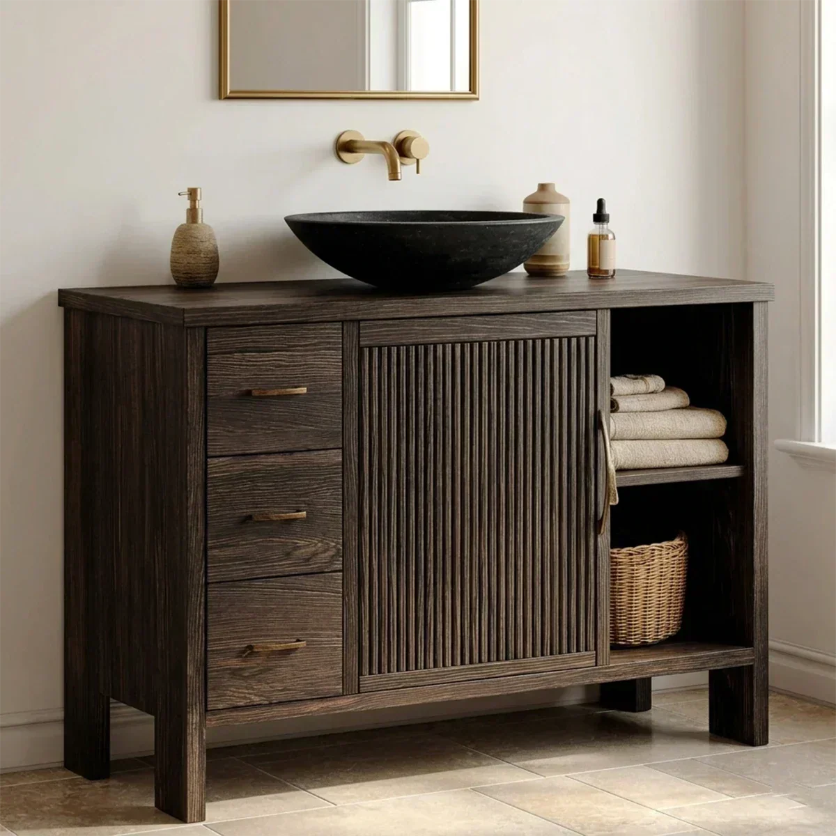 Traditional Bathroom Vanity Cabinet with Drawer Storage in Natural Solid Wood - Rustiracraft