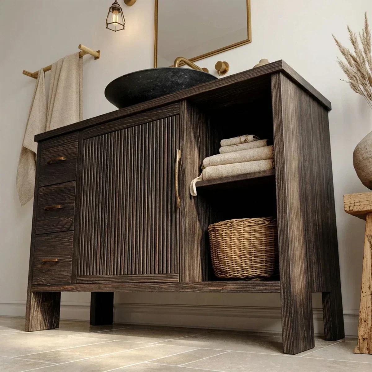 Traditional Bathroom Vanity Cabinet with Drawer Storage in Natural Solid Wood - Rustiracraft