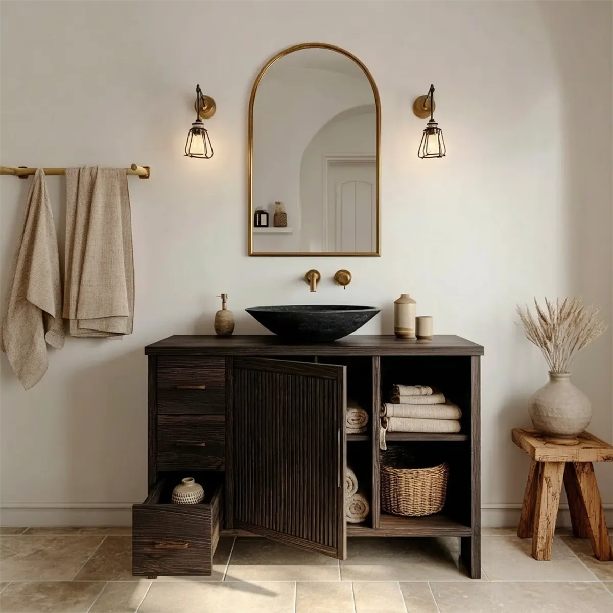 Traditional Bathroom Vanity Cabinet with Drawer Storage in Natural Solid Wood - Rustiracraft