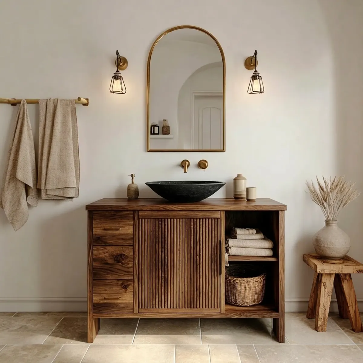 Traditional Bathroom Vanity Cabinet with Drawer Storage in Natural Solid Wood - Rustiracraft
