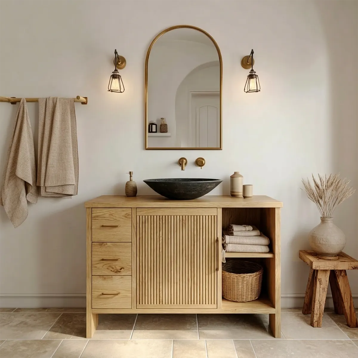 Traditional Bathroom Vanity Cabinet with Drawer Storage in Natural Solid Wood - Rustiracraft