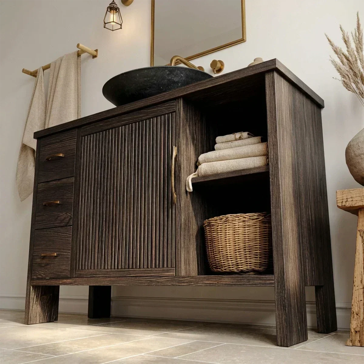 Traditional Bathroom Vanity Cabinet with Drawer Storage in Natural Solid Wood - Rustiracraft