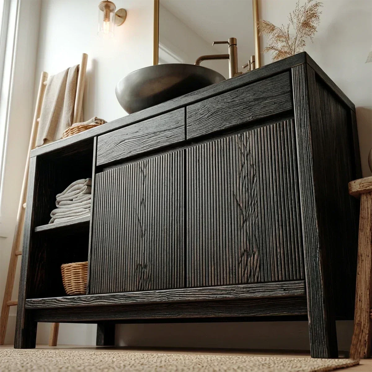 Traditional Bathroom Vanity Cabinet with Storage in Natural Solid Wood - Rustiracraft