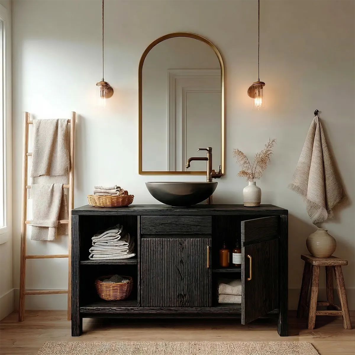 Traditional Bathroom Vanity Cabinet with Storage in Natural Solid Wood - Rustiracraft
