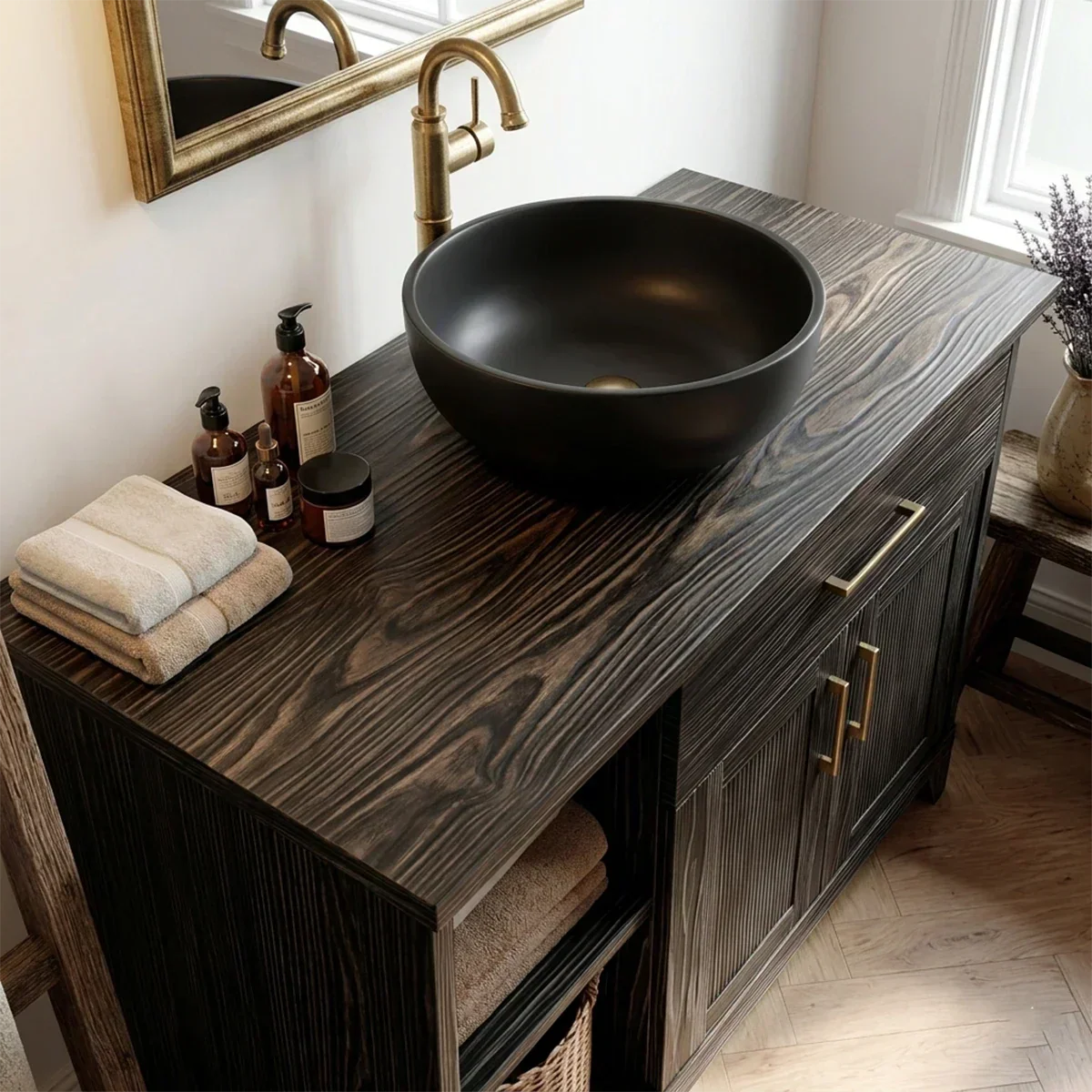 Traditional Bathroom Vanity Cabinet with Storage in Natural Solid Wood - Rustiracraft