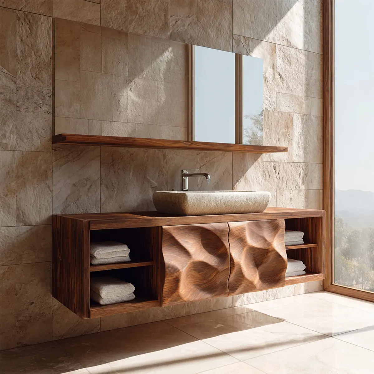 Traditional Natural Solid Wood Bathroom Vanity Cabinet with Hand Carved Doors - Rustiracraft