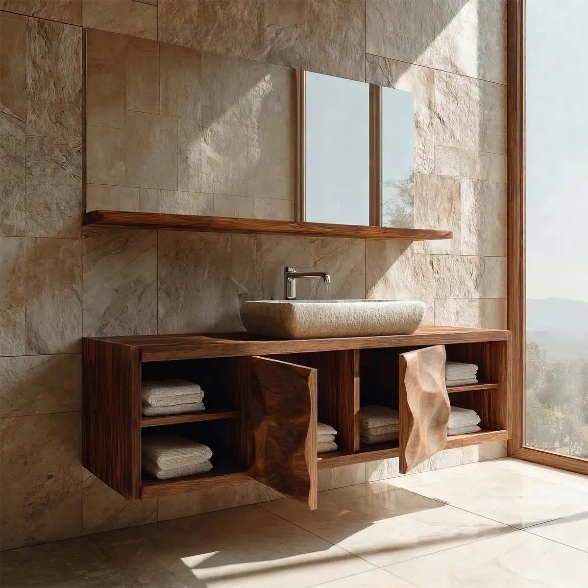 Traditional Natural Solid Wood Bathroom Vanity Cabinet with Hand Carved Doors - Rustiracraft