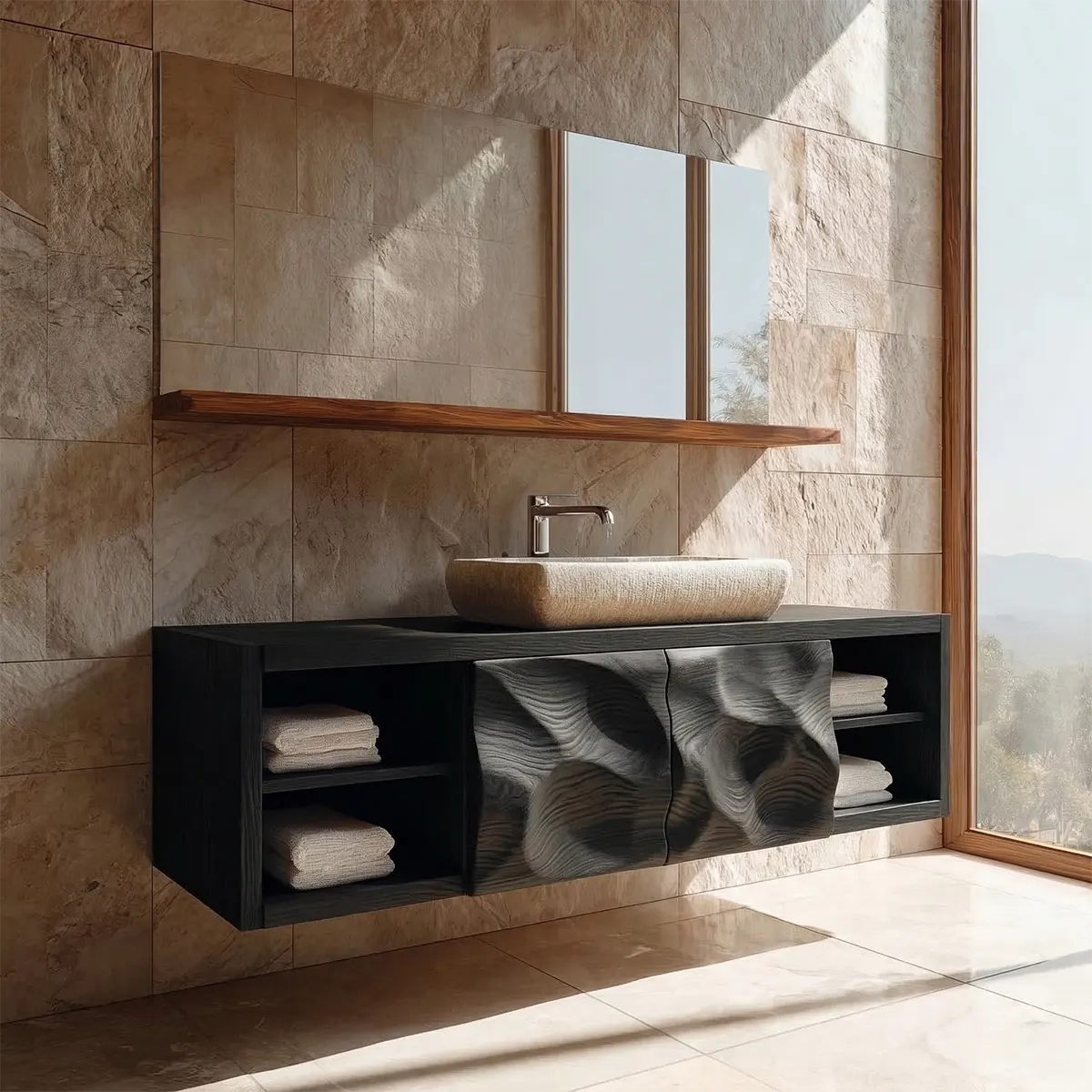 Traditional Natural Solid Wood Bathroom Vanity Cabinet with Hand Carved Doors - Rustiracraft