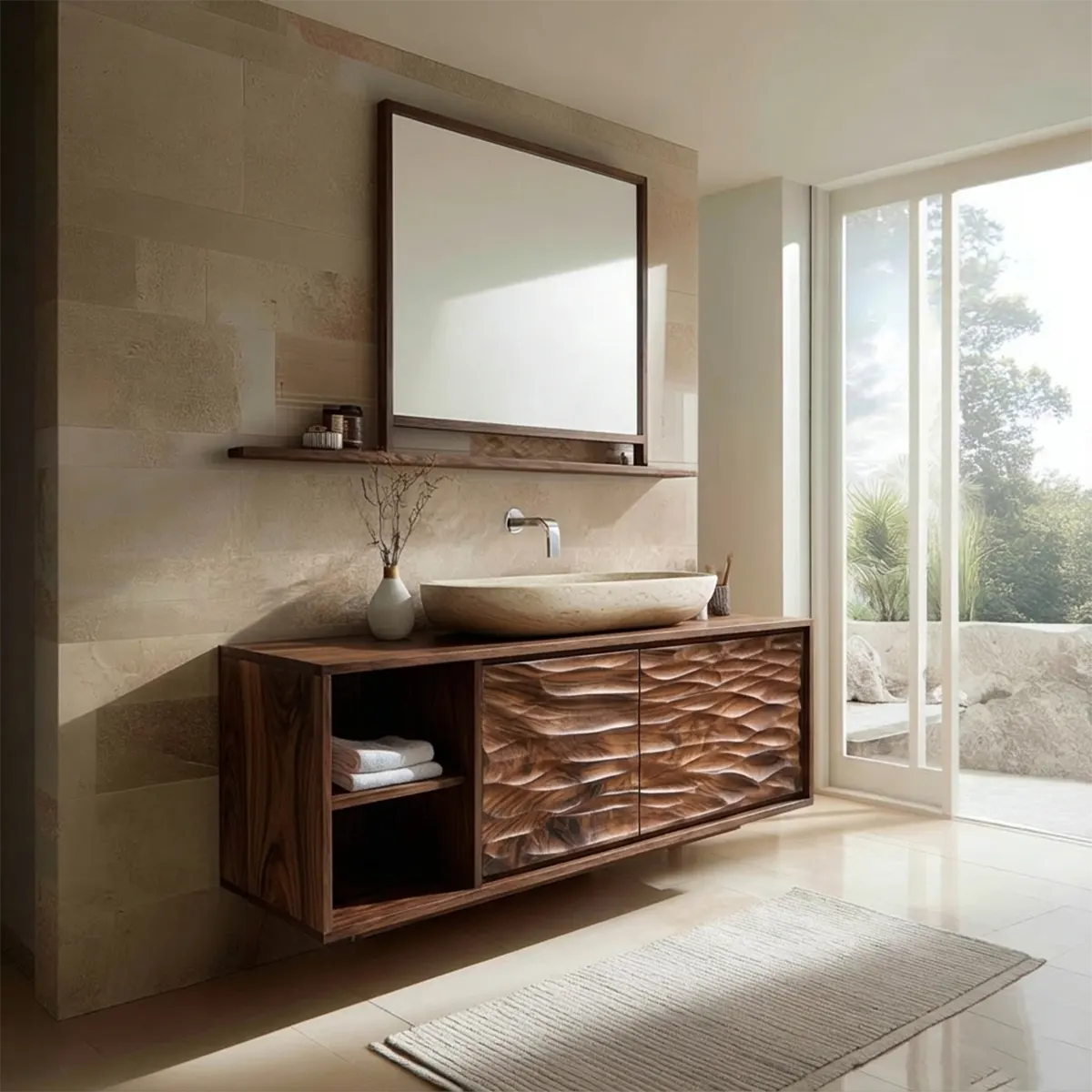 Traditional Solid Wood Bathroom Vanity Cabinet with Hand Carved Wood Doors - Rustiracraft