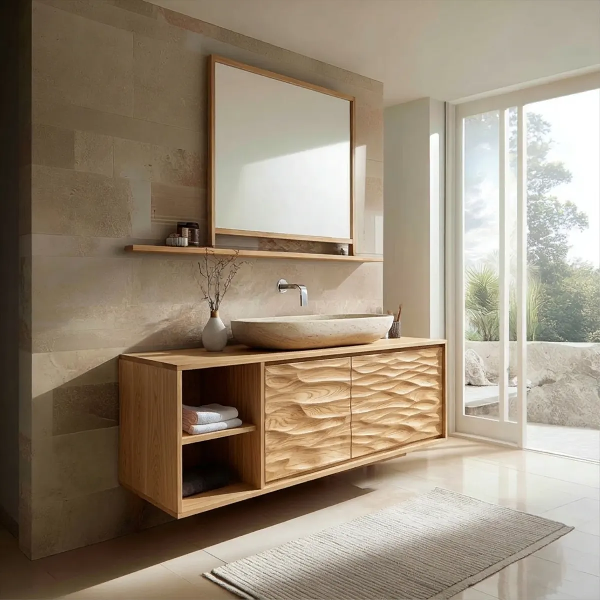 Traditional Solid Wood Bathroom Vanity Cabinet with Hand Carved Wood Doors - Rustiracraft