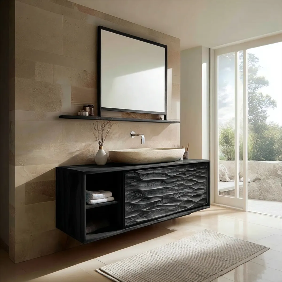 Traditional Solid Wood Bathroom Vanity Cabinet with Hand Carved Wood Doors - Rustiracraft