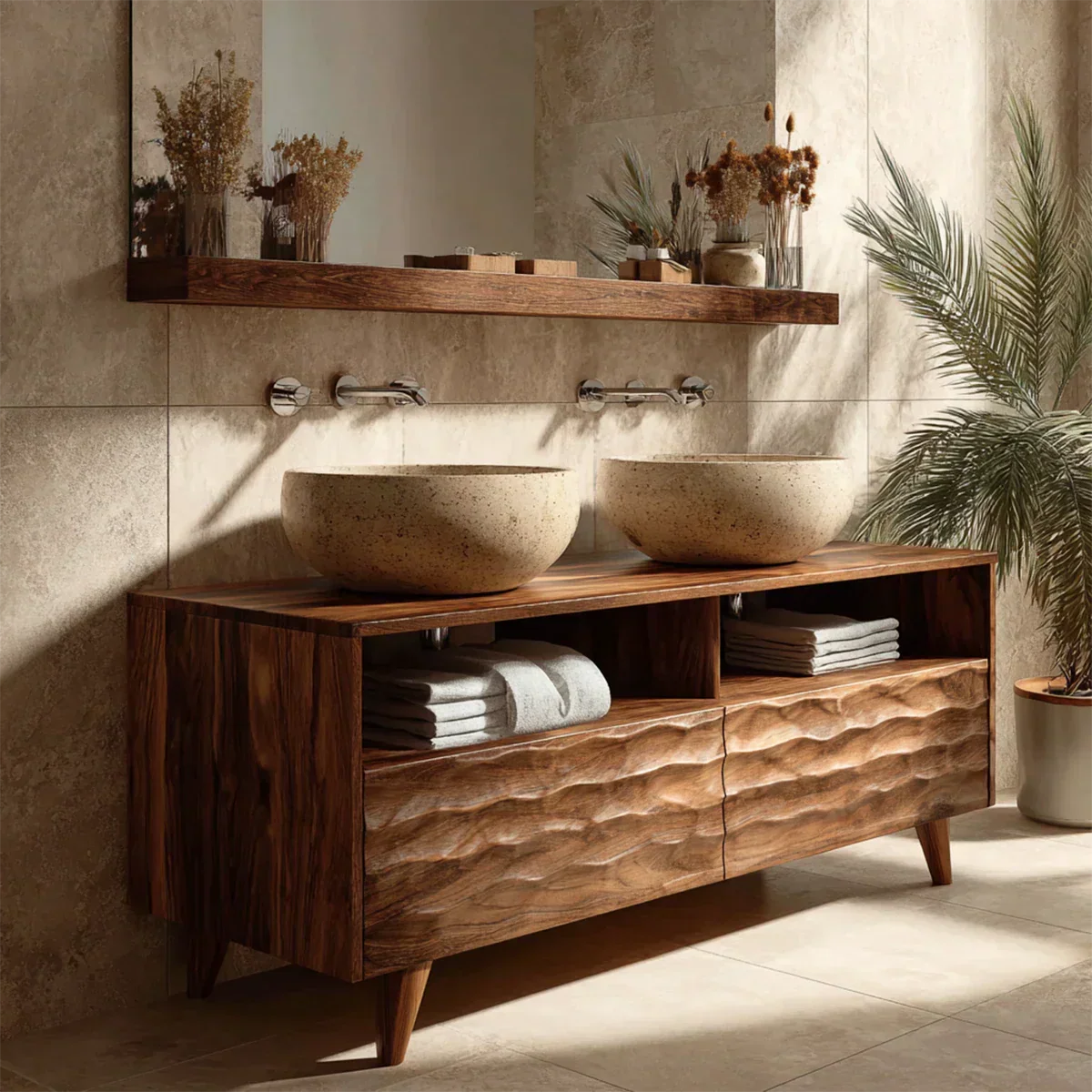 Traditional Solid Wood Bathroom Vanity – Hand Carved Natural Wood Storage Cabinet - Rustiracraft