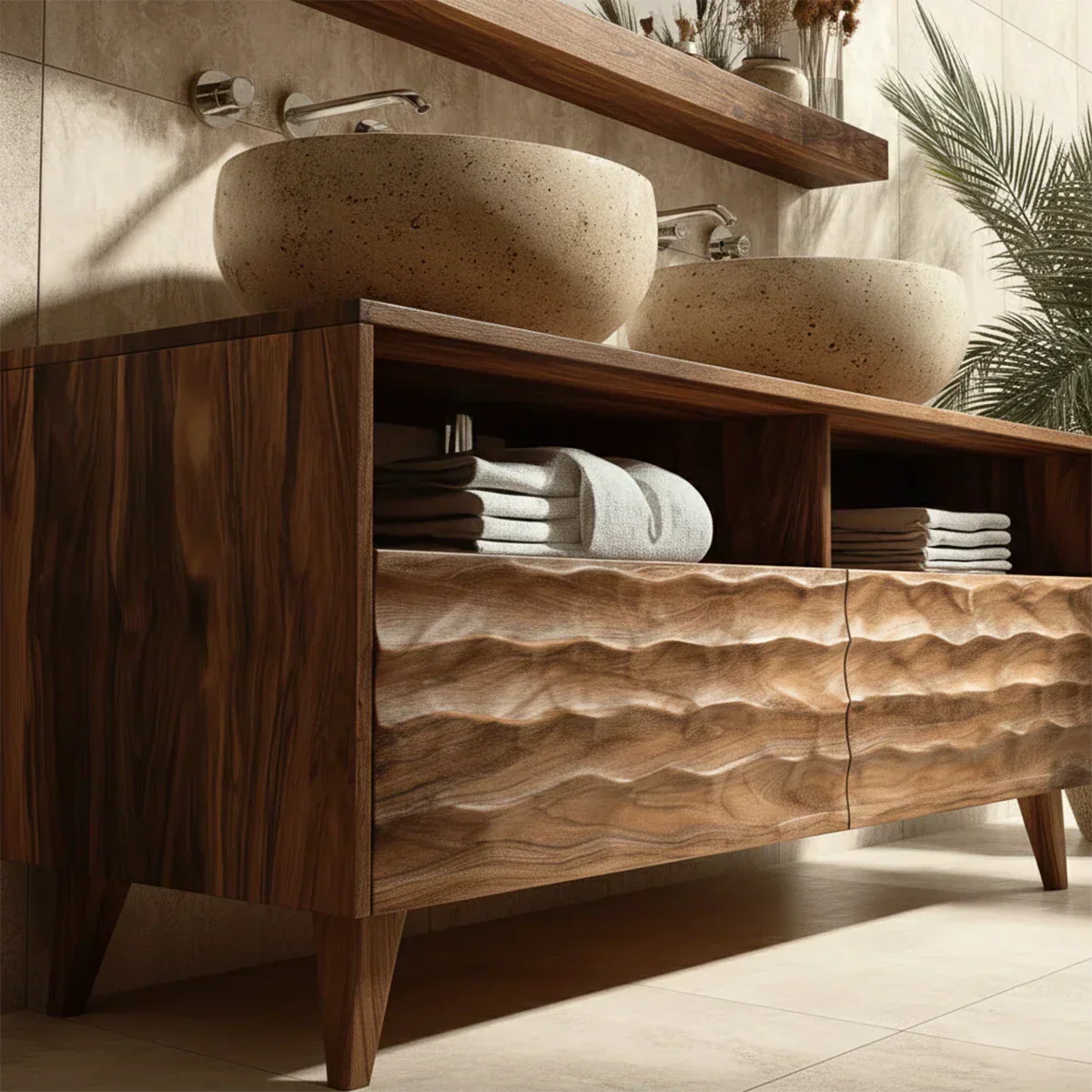 Traditional Solid Wood Bathroom Vanity – Hand Carved Natural Wood Storage Cabinet - Rustiracraft