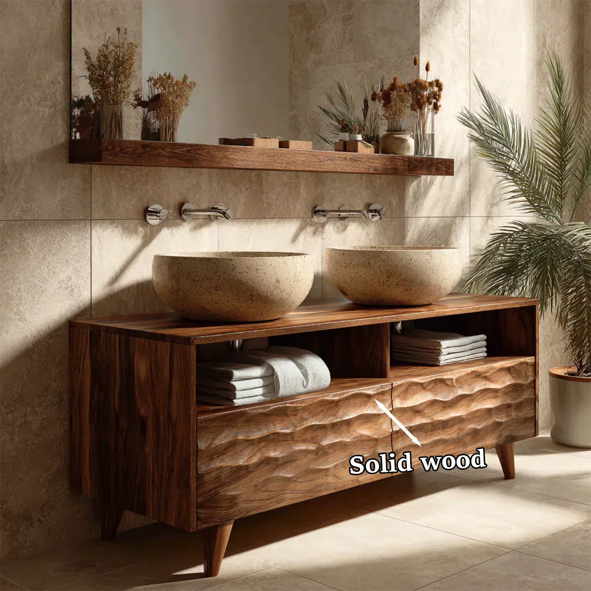 Traditional Solid Wood Bathroom Vanity – Hand Carved Natural Wood Storage Cabinet - Rustiracraft