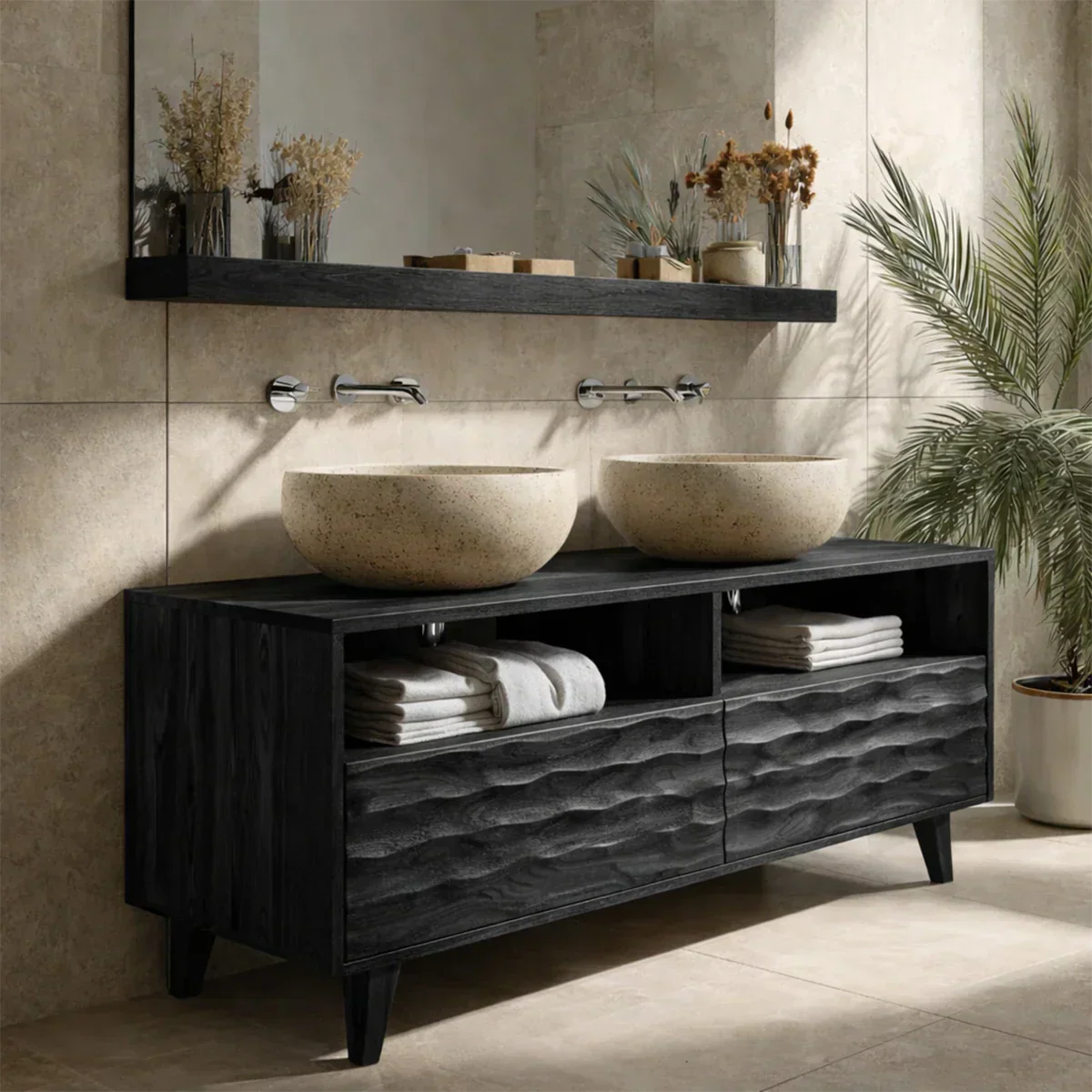 Traditional Solid Wood Bathroom Vanity – Hand Carved Natural Wood Storage Cabinet - Rustiracraft