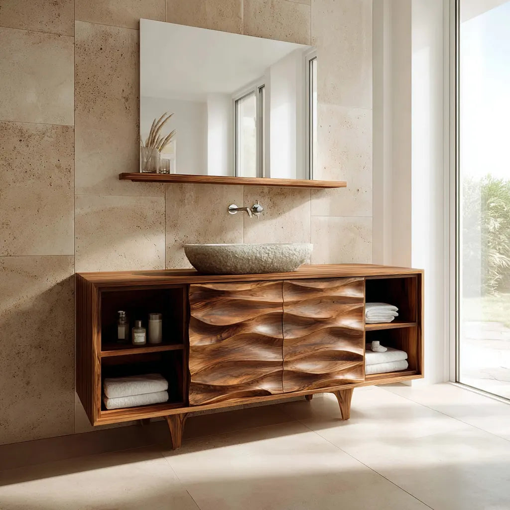 Traditional Solid Wood Bathroom Vanity – Hand Carved Natural Wood Storage Cabinet - Rustiracraft