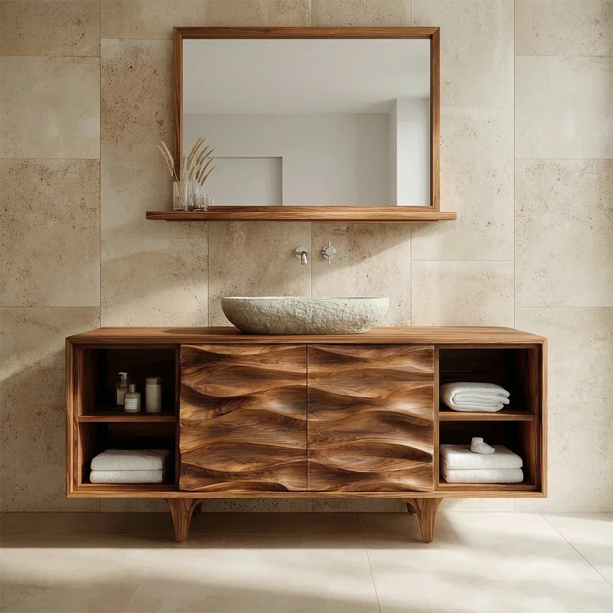 Traditional Solid Wood Bathroom Vanity – Hand Carved Natural Wood Storage Cabinet - Rustiracraft