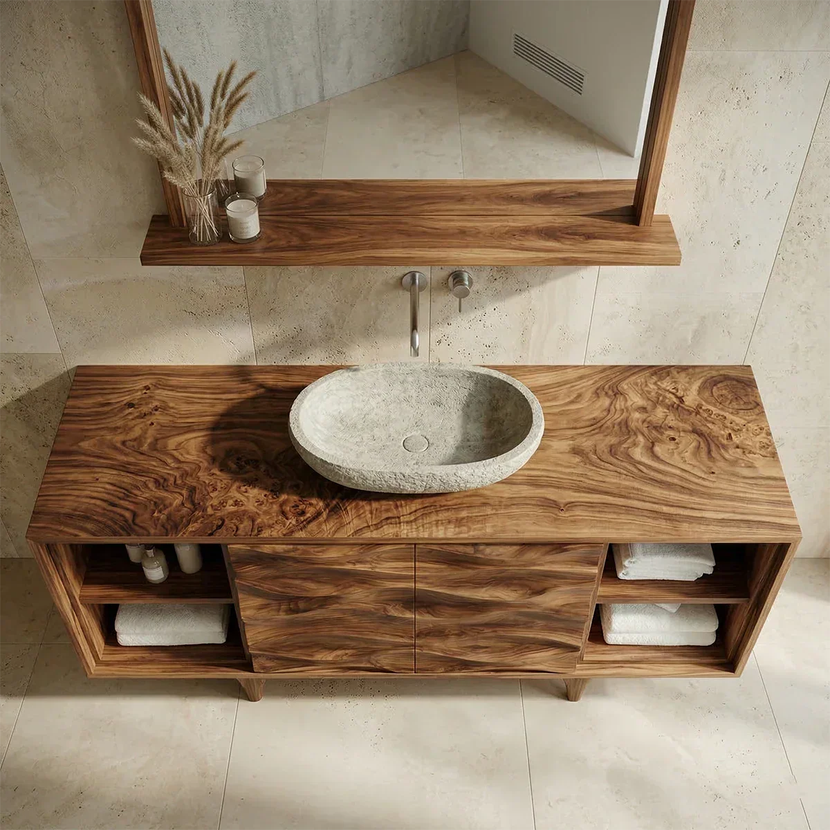Traditional Solid Wood Bathroom Vanity – Hand Carved Natural Wood Storage Cabinet - Rustiracraft