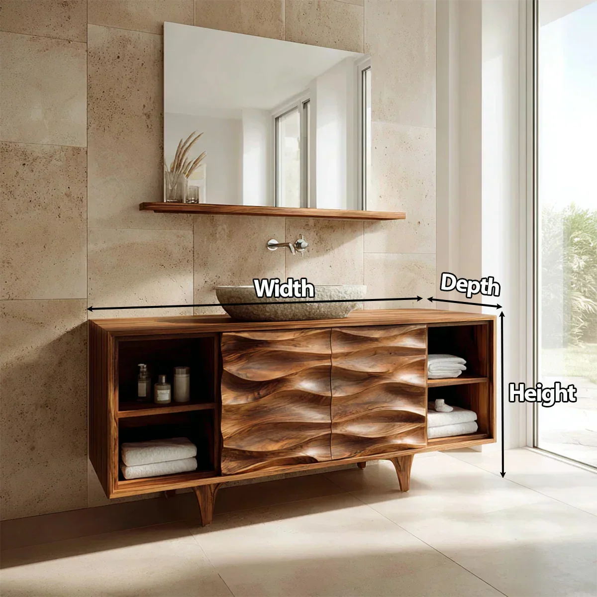 Traditional Solid Wood Bathroom Vanity – Hand Carved Natural Wood Storage Cabinet - Rustiracraft