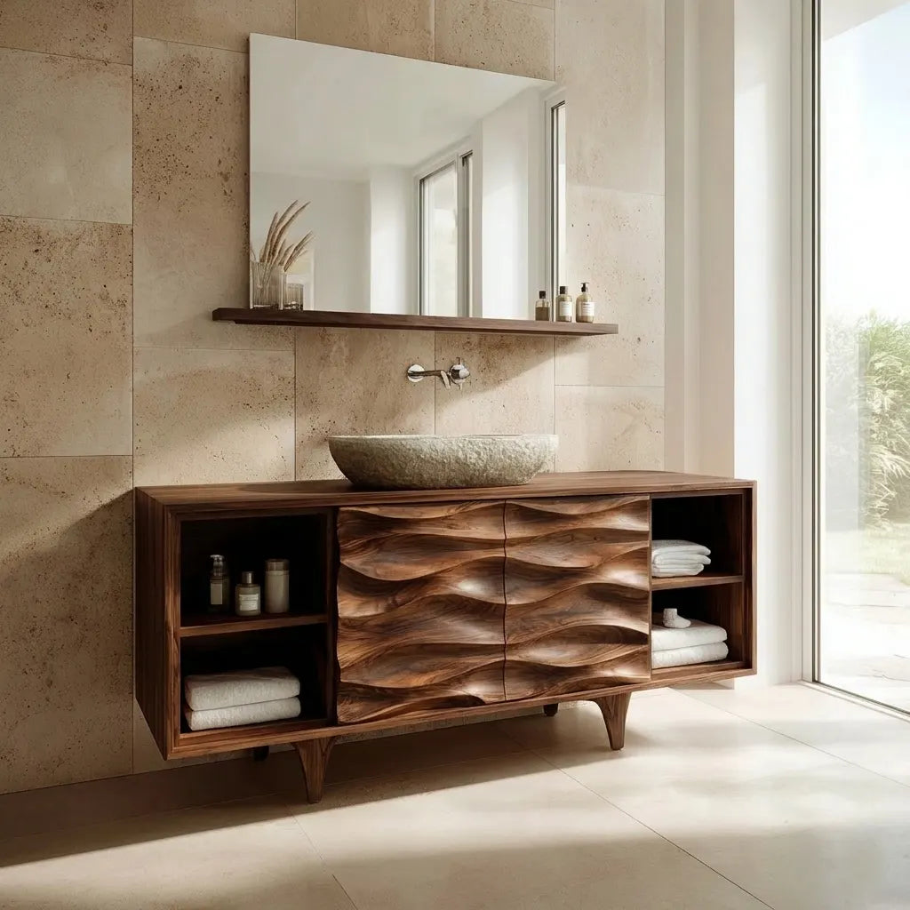 Traditional Solid Wood Bathroom Vanity – Hand Carved Natural Wood Storage Cabinet - Rustiracraft
