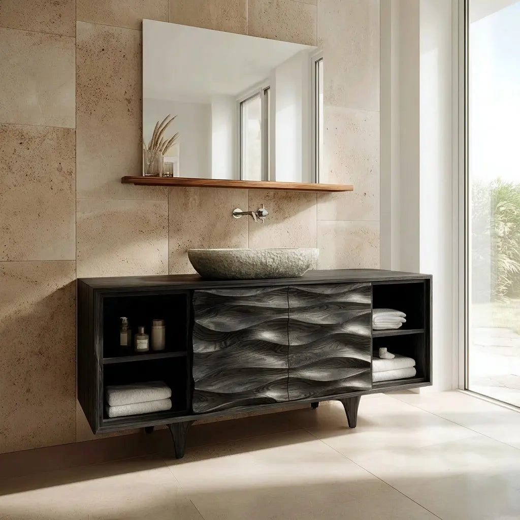 Traditional Solid Wood Bathroom Vanity – Hand Carved Natural Wood Storage Cabinet - Rustiracraft