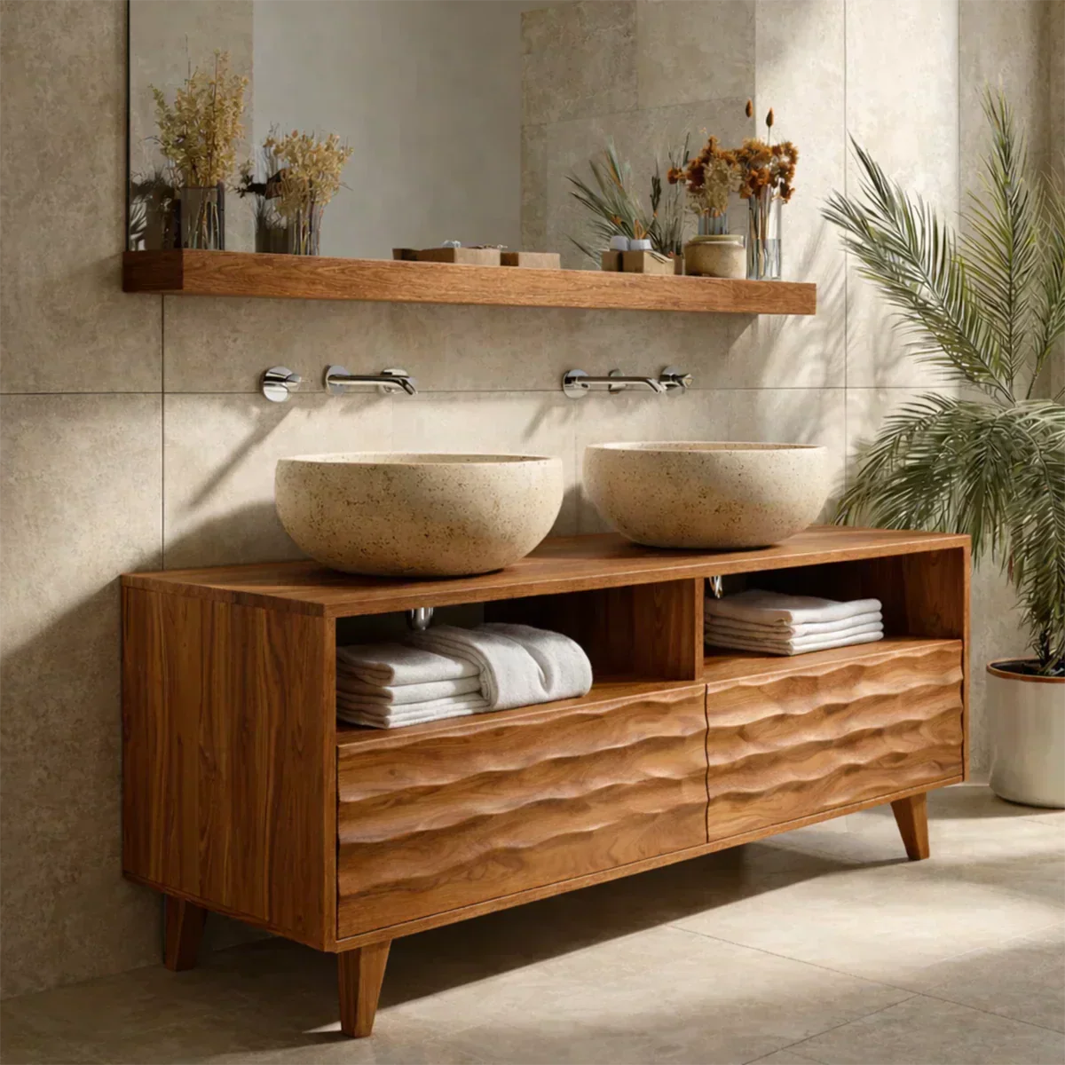 Traditional Solid Wood Bathroom Vanity – Hand Carved Natural Wood Storage Cabinet - Rustiracraft
