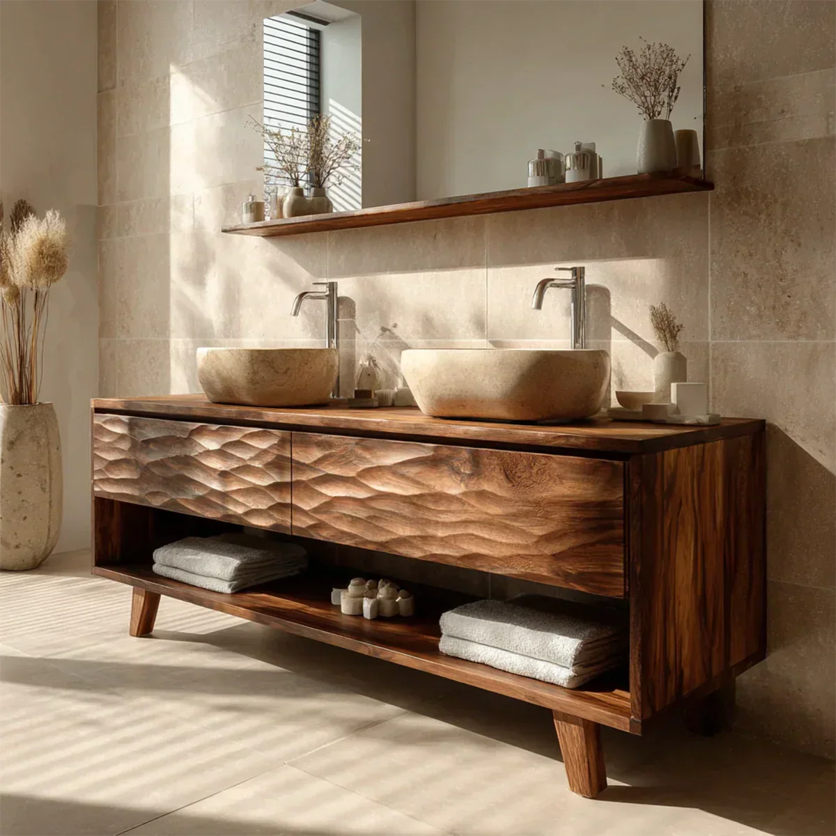 Traditional Solid Wood Bathroom Vanity – Hand Carved Natural Wood Vanity Cabinet - Rustiracraft