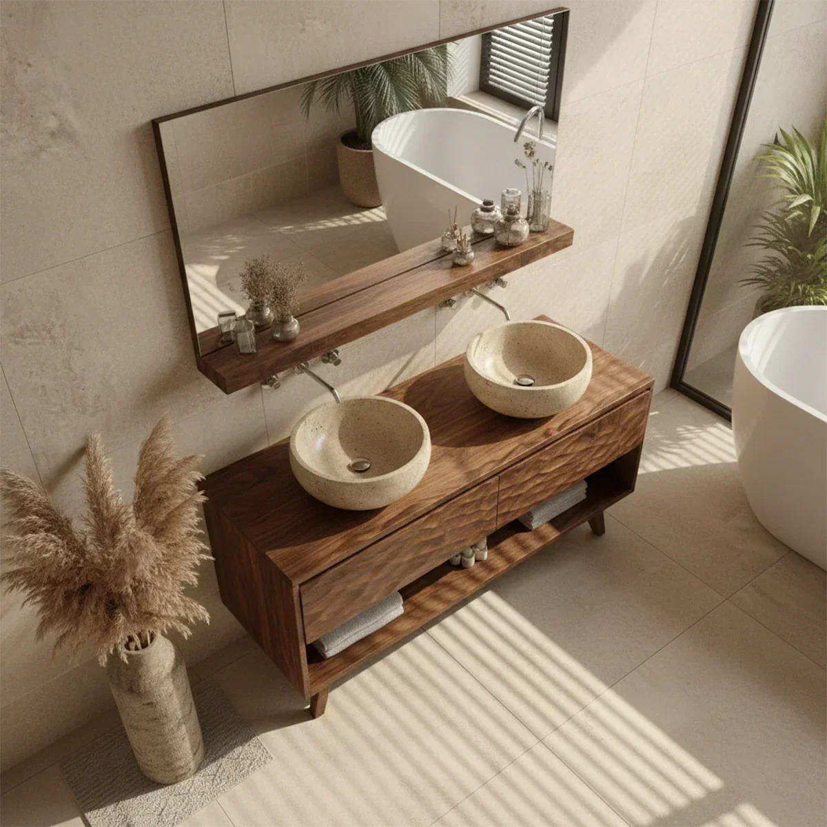 Traditional Solid Wood Bathroom Vanity – Hand Carved Natural Wood Vanity Cabinet - Rustiracraft