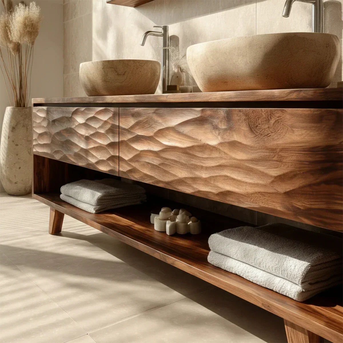 Traditional Solid Wood Bathroom Vanity – Hand Carved Natural Wood Vanity Cabinet - Rustiracraft