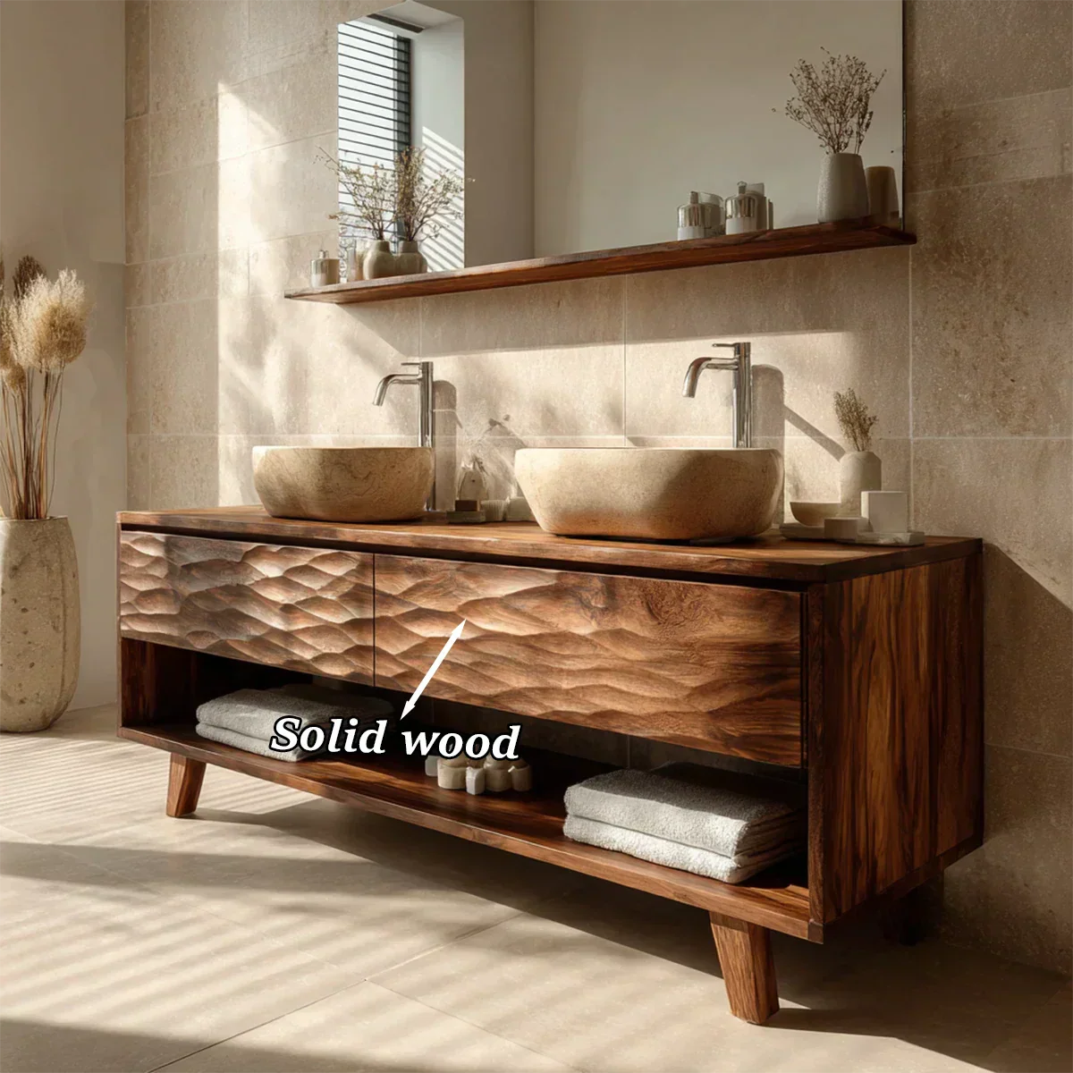 Traditional Solid Wood Bathroom Vanity – Hand Carved Natural Wood Vanity Cabinet - Rustiracraft